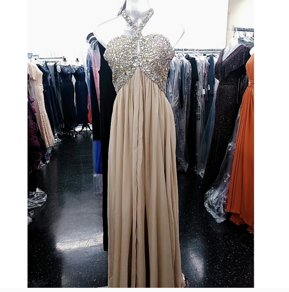 INTERLUDE BEIGE BEADED PROM DRESS.